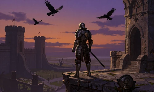 Ashborne - dark fantasy RPG with warrior at ruined fortress overlooking twilight battlefield