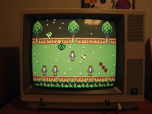 Pixels That Still Spark collection - CRT monitor with glowing 16-bit pixel art game scene in vintage arcade aesthetic