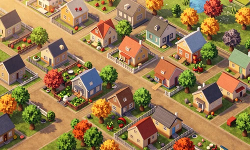 Cozy life simulation game with top-down view of colorful small town in warm afternoon light