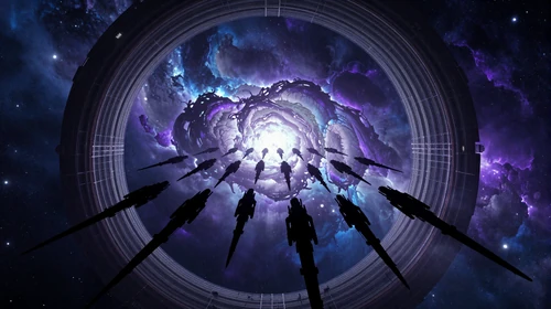 Upcoming space strategy game teaser - massive fleet emerging from warp gate in deep space nebula