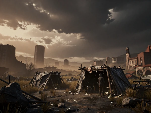 Against the Elements collection - post-apocalyptic survival landscape with makeshift shelter amid overgrown ruins