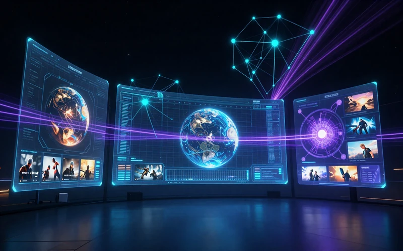 Playloom Journal futuristic gaming nexus with holographic interface panels showing curated game worlds